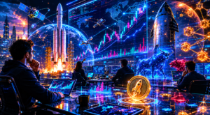 A cinematic trading room shows crypto market screens, rocket launch reflections, satellite networks, and glowing valuation systems representing synthetic pre-IPO price discovery.