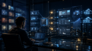 A cinematic night-time workspace shows an AI agent assembling private verified software from secure data, cloud infrastructure, and modular interface panels.