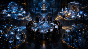 A cinematic financial command centre showing crypto split into separate sectors for stablecoins, Bitcoin, tokenization, DeFi, and blockchain infrastructure.