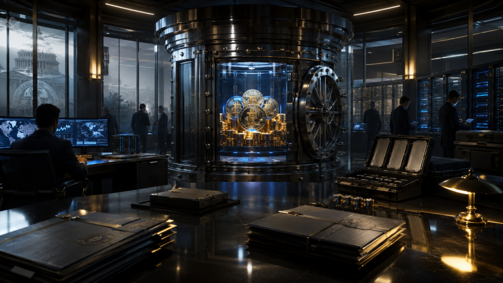 A cinematic government treasury vault with glowing digital coins, secure servers, audit panels, and officials reviewing digital asset custody.