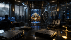 A cinematic government treasury vault with glowing digital coins, secure servers, audit panels, and officials reviewing digital asset custody.