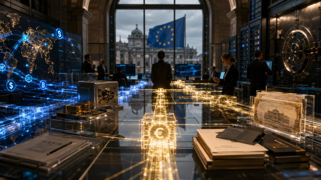 A cinematic image of European banking infrastructure and blockchain settlement rails, symbolising the competition between euro and dollar stablecoins in digital finance.