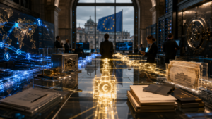 A cinematic image of European banking infrastructure and blockchain settlement rails, symbolising the competition between euro and dollar stablecoins in digital finance.