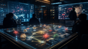 A cinematic crypto security room showing analysts reviewing blockchain trust lines, wallet activity, and scam-risk signals around meme coin rumours.
