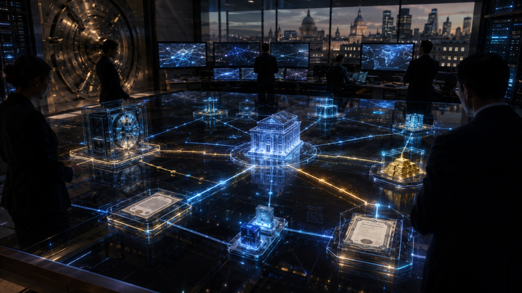 A cinematic image of central bank settlement infrastructure connecting with tokenized finance rails, symbolising the Bank of England’s move toward near 24/7 settlement.