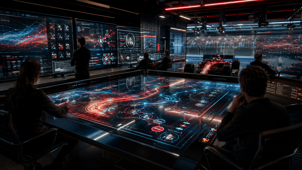 A cinematic image of a Formula 1 AI fan engagement control room showing race data, digital fan insights, and a red racing car silhouette