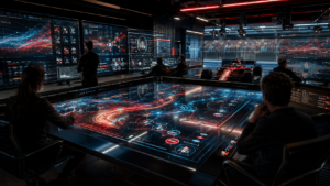 A cinematic image of a Formula 1 AI fan engagement control room showing race data, digital fan insights, and a red racing car silhouette