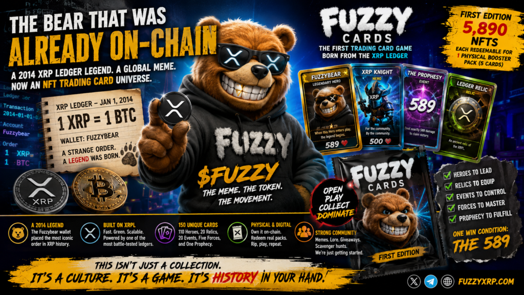 A cinematic scene showing trading cards, booster packs, a digital wallet and a bear-like symbol connected by glowing blockchain-style light trails.