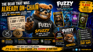 A cinematic scene showing trading cards, booster packs, a digital wallet and a bear-like symbol connected by glowing blockchain-style light trails.