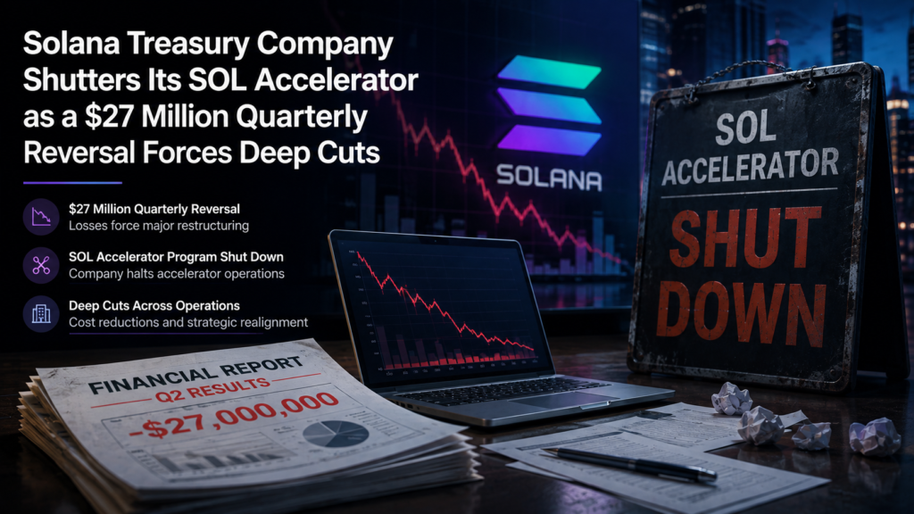 Solana treasury concept showing falling markets and the closure of DeFi Development Corp's Treasury Accelerator
