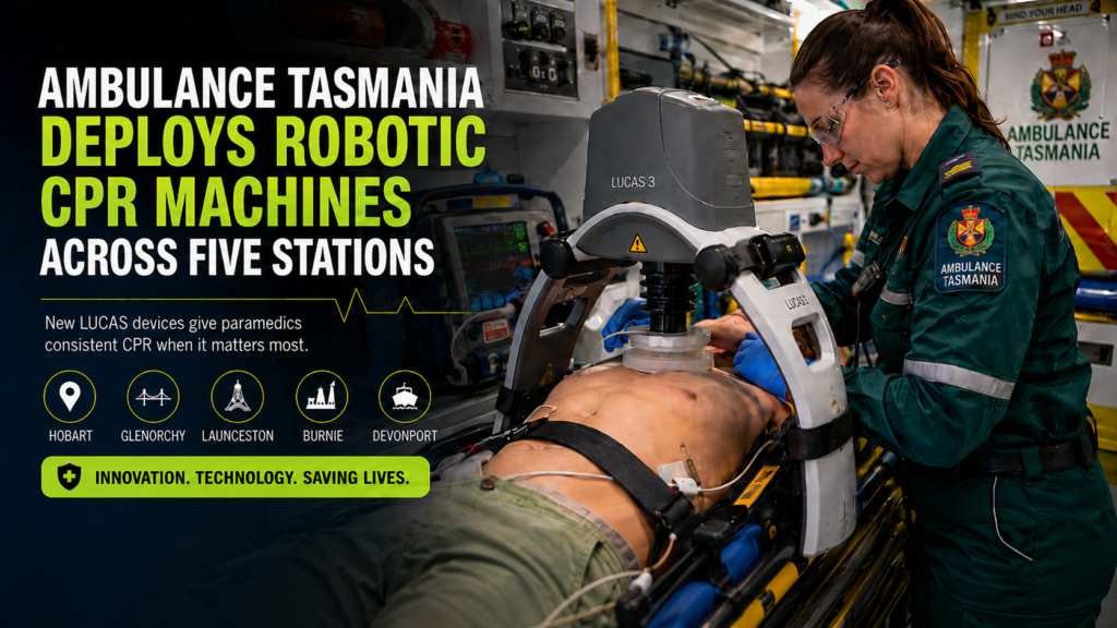 Ambulance Tasmania paramedic using a LUCAS mechanical CPR machine inside an ambulance during emergency patient care.