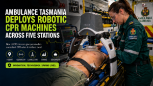 Ambulance Tasmania paramedic using a LUCAS mechanical CPR machine inside an ambulance during emergency patient care.