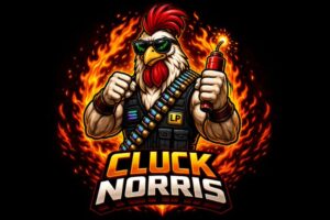Cluck Norris mascot for the CLKN Solana crypto project surrounded by flames, wearing sunglasses and holding a crypto tool.