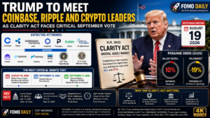 Donald Trump meeting cryptocurrency industry leaders as the U.S. CLARITY Act faces a critical Senate vote in September 2026.